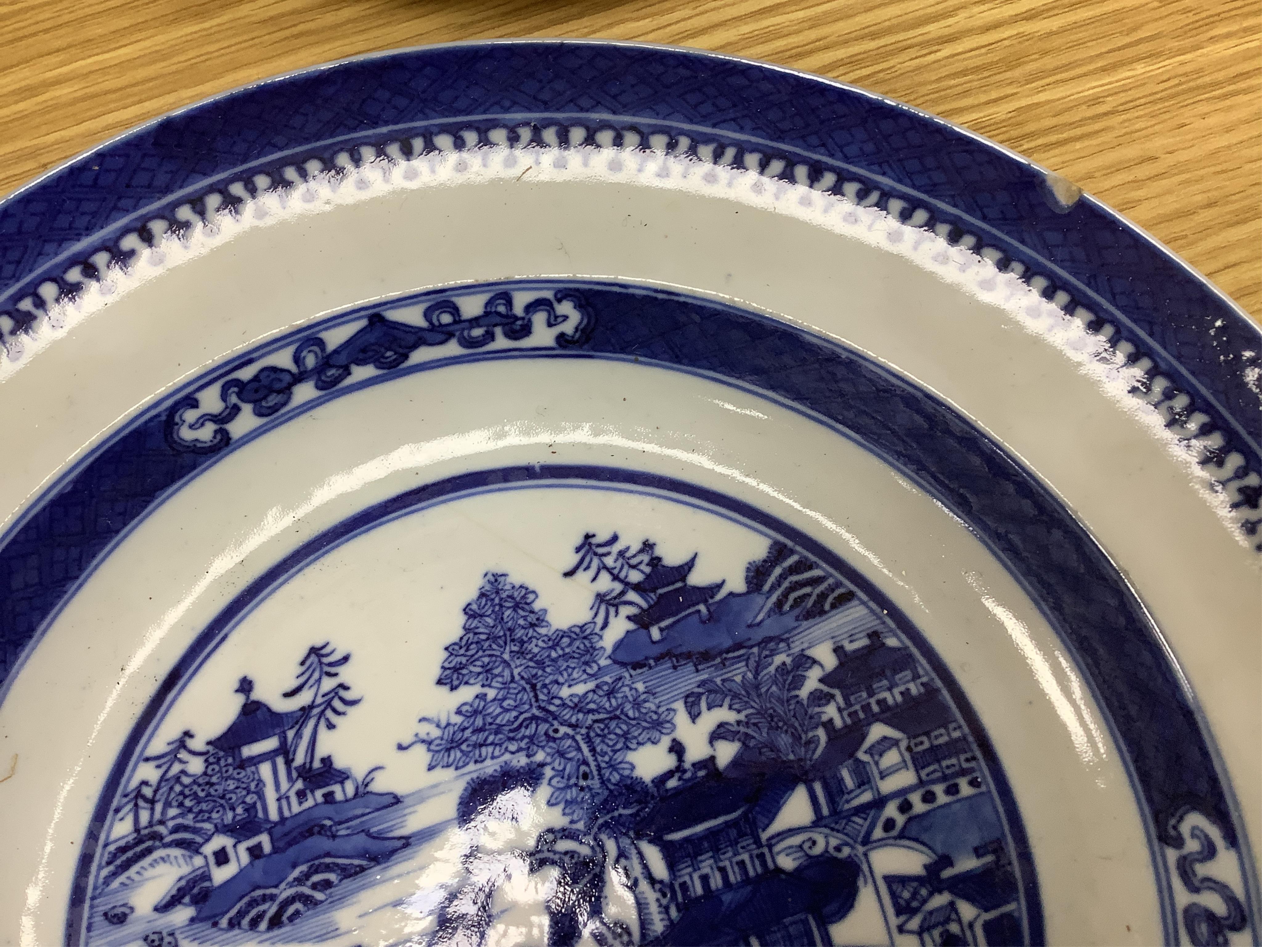 Five 18th / 19th century Chinese export blue and white plates and dishes, largest 27cm in diameter